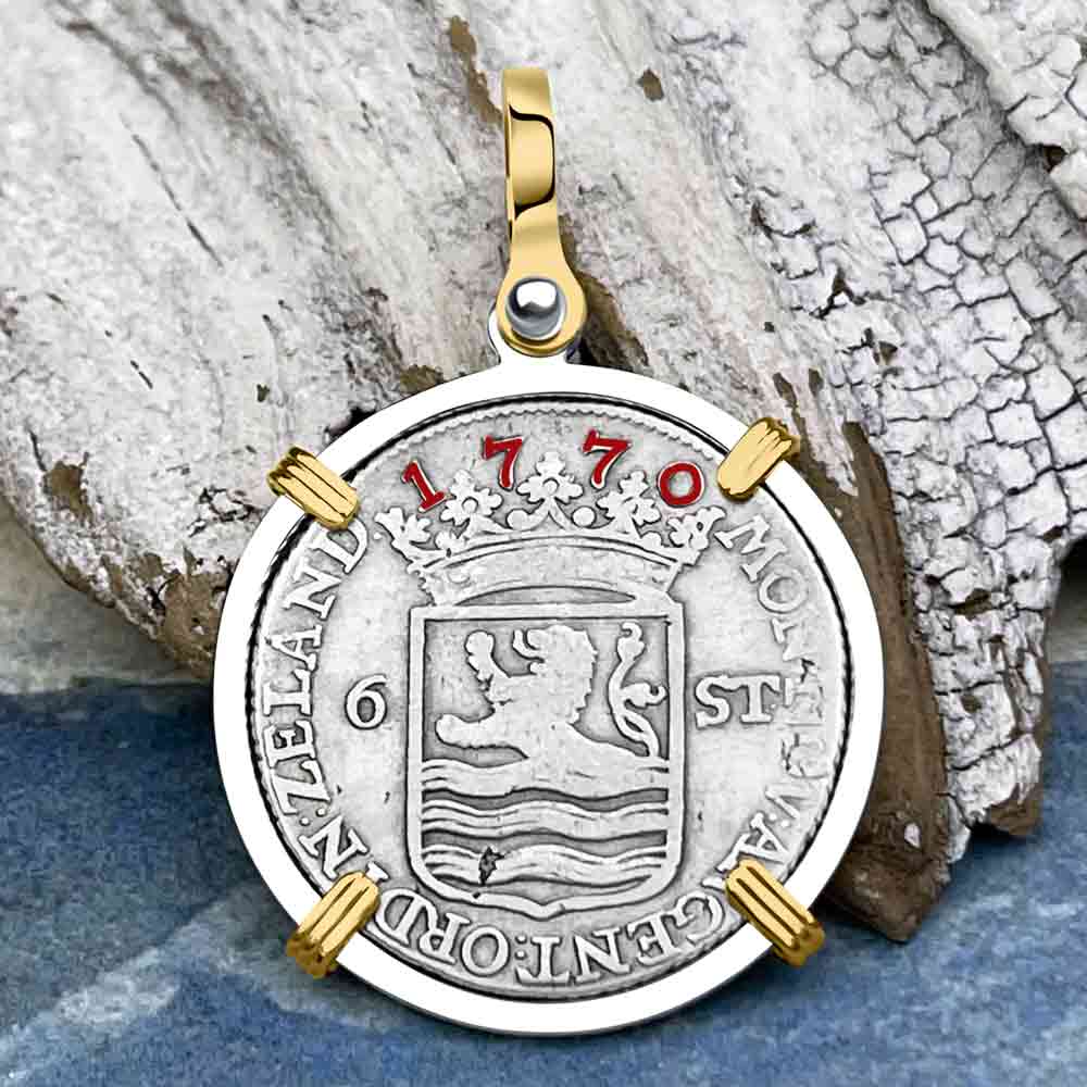 Dutch East India Company 1770 Silver 6 Stuiver Ship Shilling &quot;I Struggle and Survive&quot; 14K Gold &amp; Sterling Silver Pendant