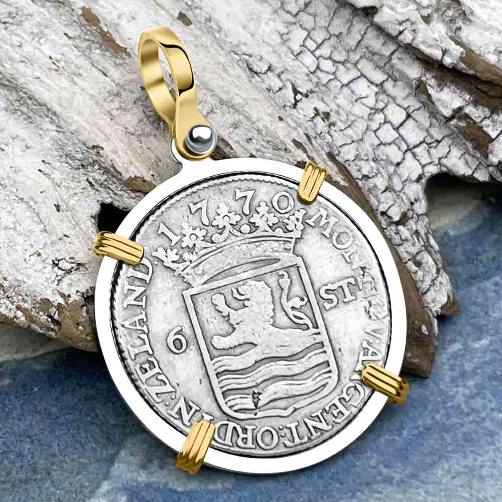 Dutch East India Company 1770 Silver 6 Stuiver Ship Shilling &quot;I Struggle and Survive&quot; 14K Gold &amp; Sterling Silver Pendant