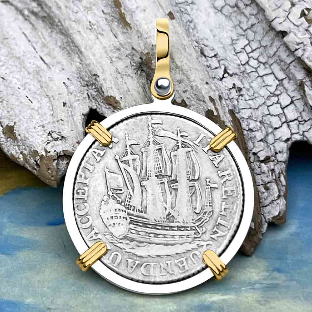 Dutch East India Company 1780 Silver 6 Stuiver Ship Shilling "I Struggle and Survive" 14K Gold & Sterling Silver Pendant