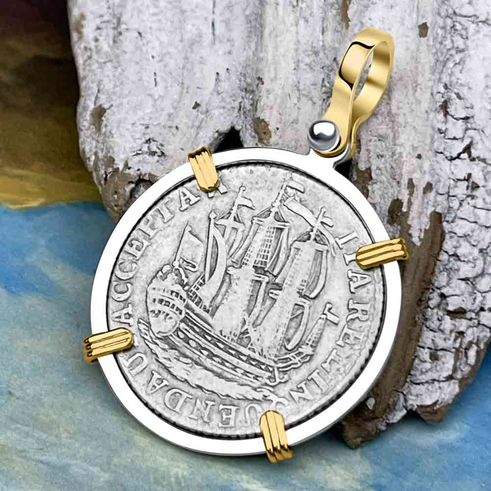 Dutch East India Company 1780 Silver 6 Stuiver Ship Shilling "I Struggle and Survive" 14K Gold & Sterling Silver Pendant