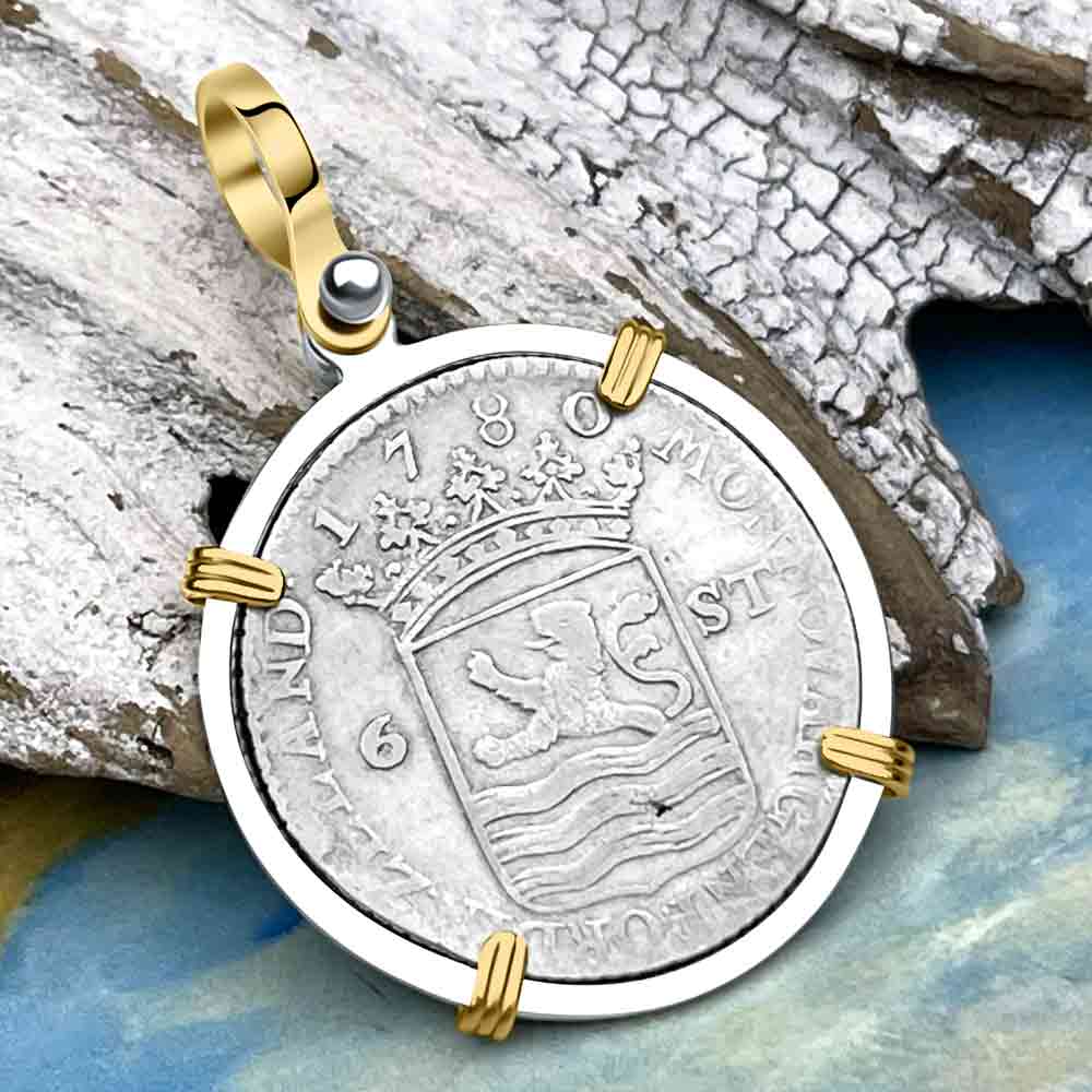 Dutch East India Company 1780 Silver 6 Stuiver Ship Shilling &quot;I Struggle and Survive&quot; 14K Gold &amp; Sterling Silver Pendant