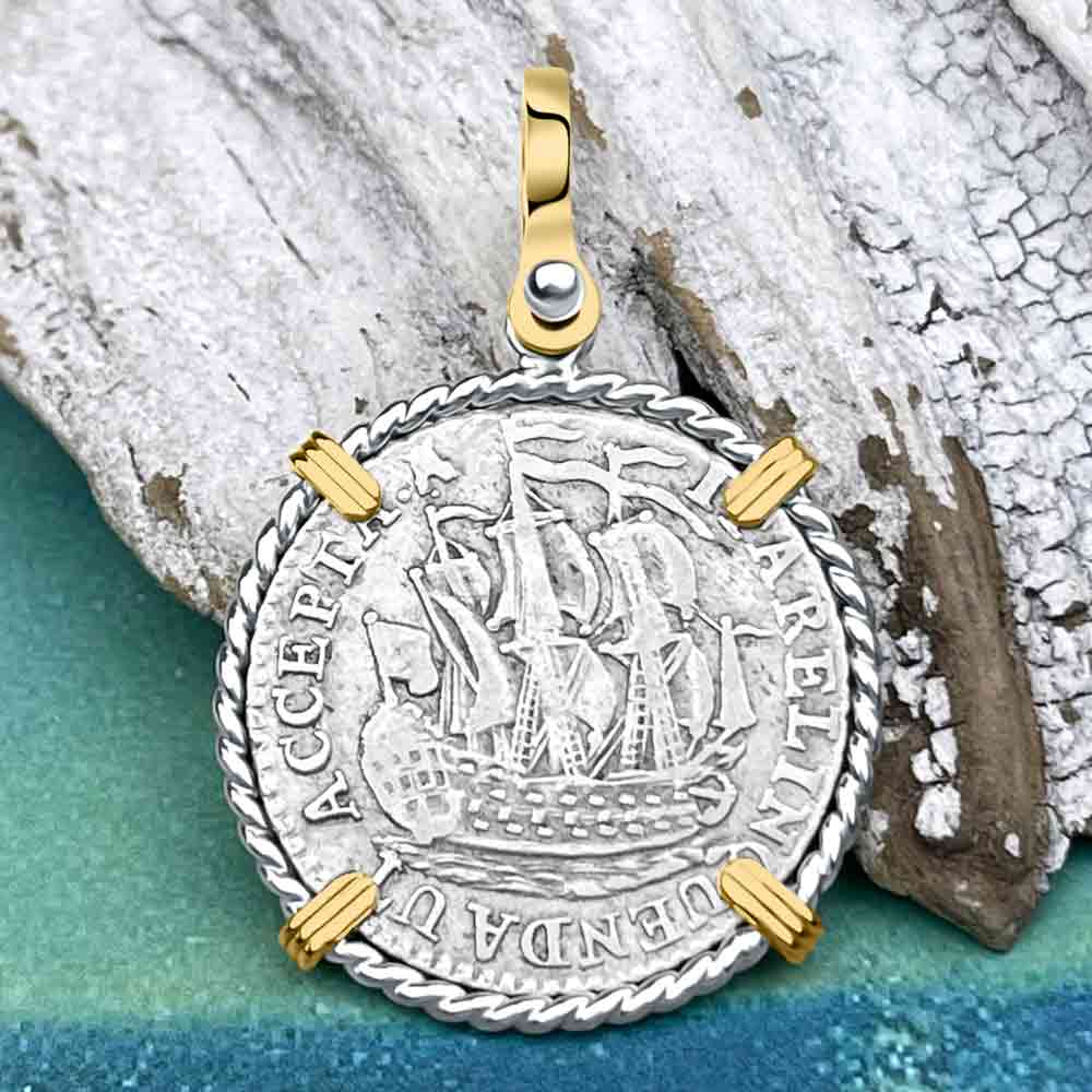 Dutch East India Company 1791 Silver 6 Stuiver Ship Shilling "I Struggle and Survive" 14K Gold & Sterling Silver Pendant 