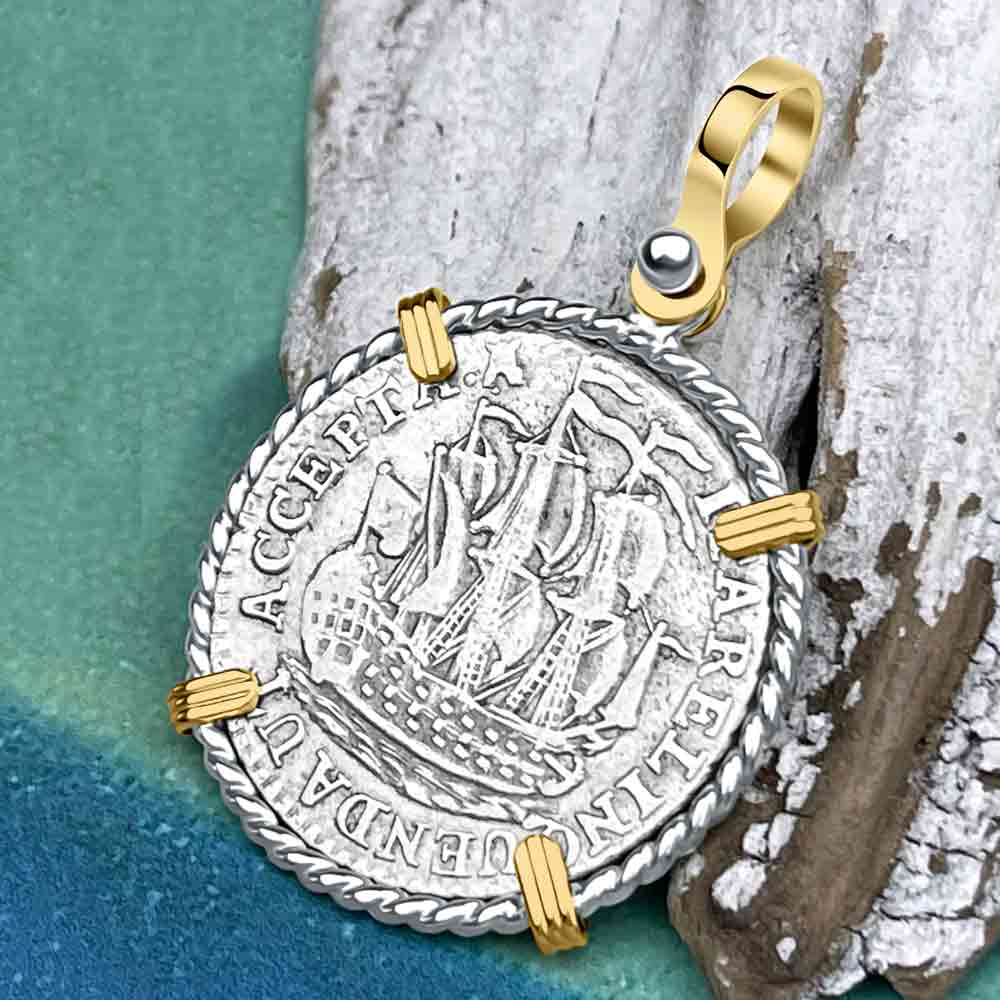 Dutch East India Company 1791 Silver 6 Stuiver Ship Shilling "I Struggle and Survive" 14K Gold & Sterling Silver Pendant 