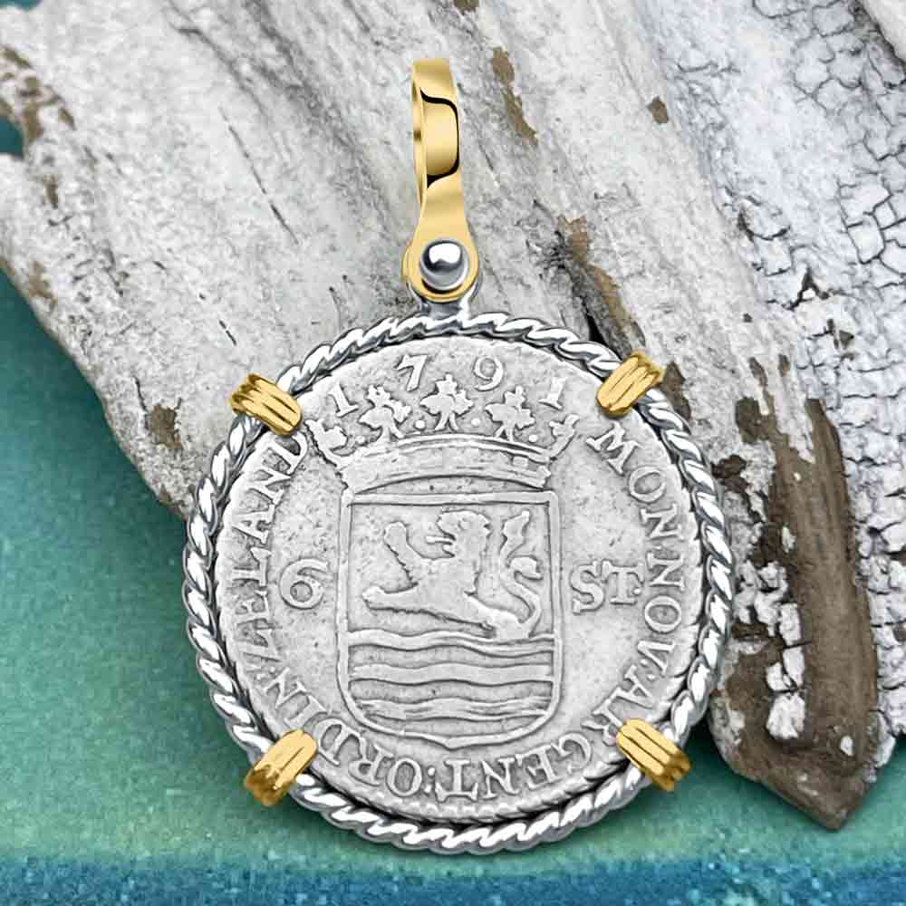 Dutch East India Company 1791 Silver 6 Stuiver Ship Shilling &quot;I Struggle and Survive&quot; 14K Gold &amp; Sterling Silver Pendant 