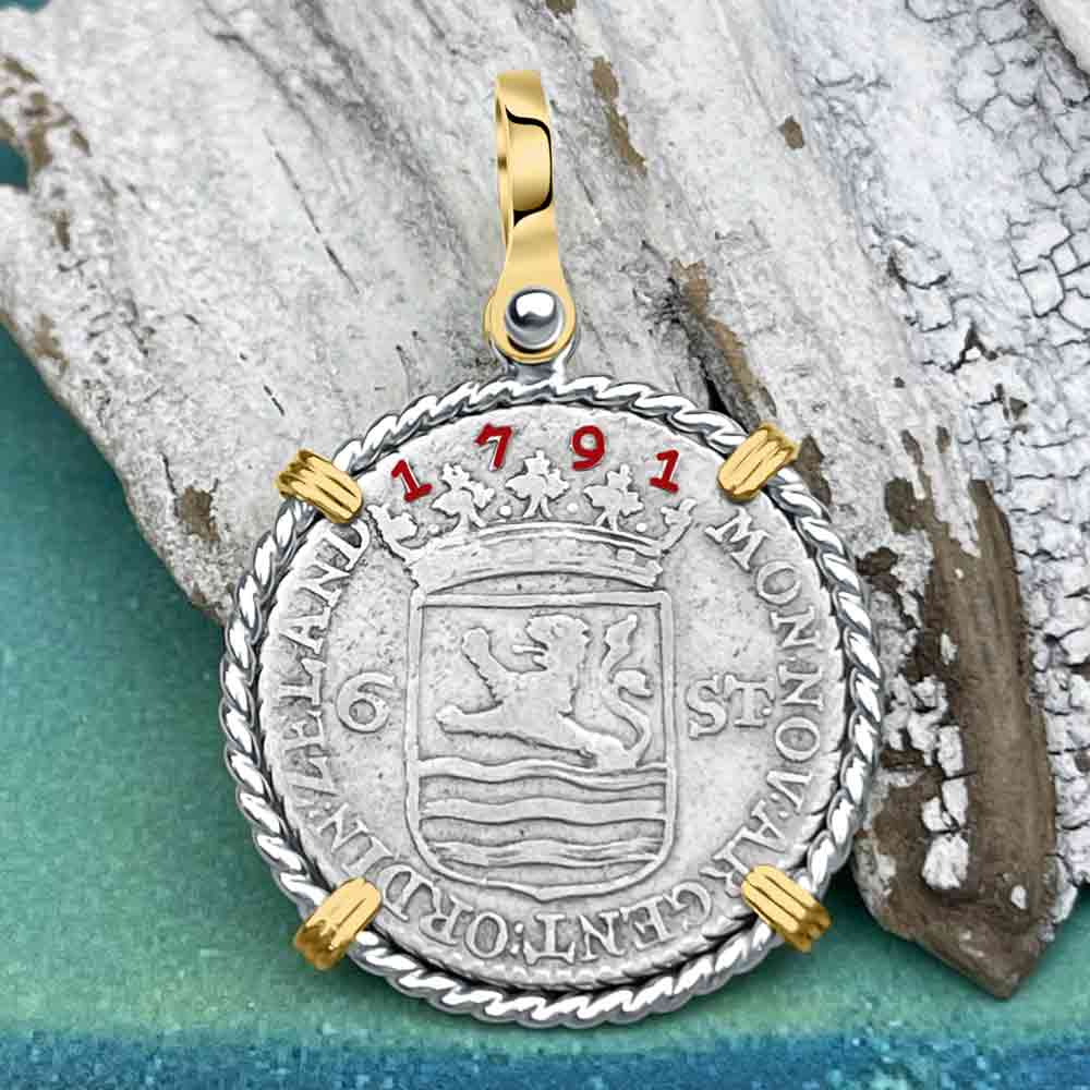 Dutch East India Company 1791 Silver 6 Stuiver Ship Shilling &quot;I Struggle and Survive&quot; 14K Gold &amp; Sterling Silver Pendant 