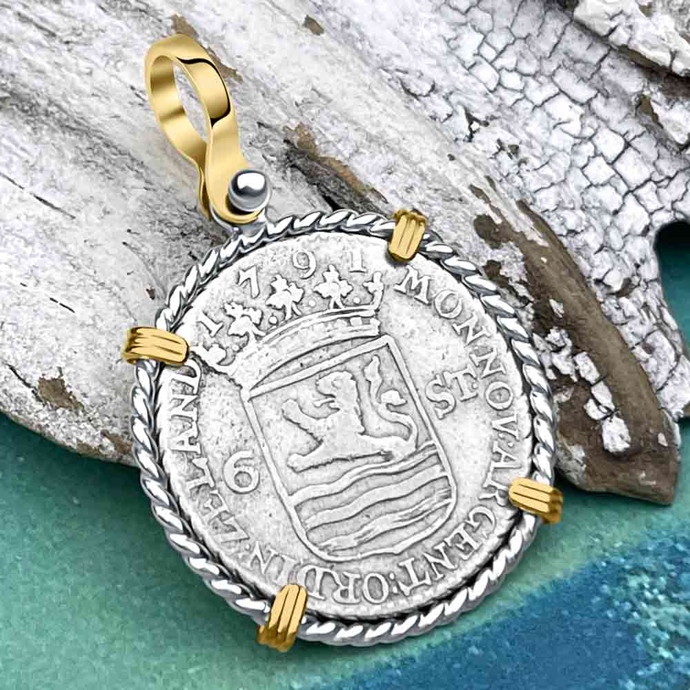 Dutch East India Company 1791 Silver 6 Stuiver Ship Shilling &quot;I Struggle and Survive&quot; 14K Gold &amp; Sterling Silver Pendant 