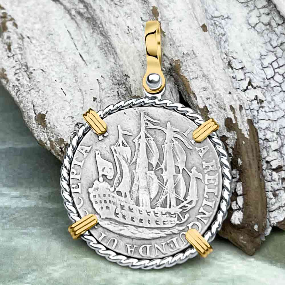 Dutch East India Company 1766 Silver 6 Stuiver Ship Shilling "I Struggle and Survive" 14K Gold & Sterling Silver Pendant