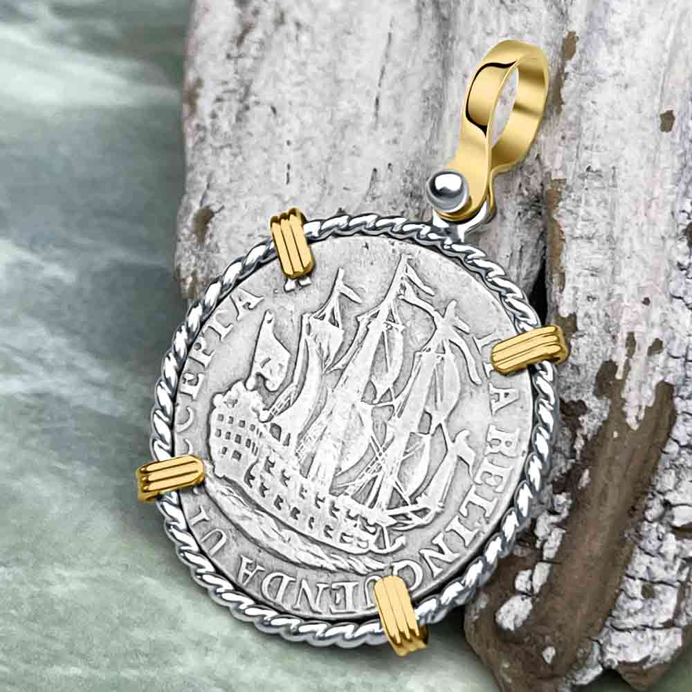 Dutch East India Company 1766 Silver 6 Stuiver Ship Shilling "I Struggle and Survive" 14K Gold & Sterling Silver Pendant