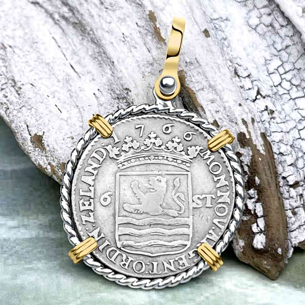 Dutch East India Company 1766 Silver 6 Stuiver Ship Shilling &quot;I Struggle and Survive&quot; 14K Gold &amp; Sterling Silver Pendant