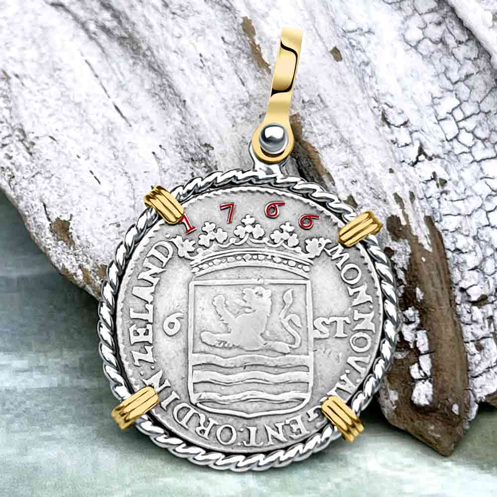 Dutch East India Company 1766 Silver 6 Stuiver Ship Shilling &quot;I Struggle and Survive&quot; 14K Gold &amp; Sterling Silver Pendant