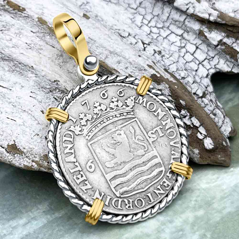 Dutch East India Company 1766 Silver 6 Stuiver Ship Shilling &quot;I Struggle and Survive&quot; 14K Gold &amp; Sterling Silver Pendant