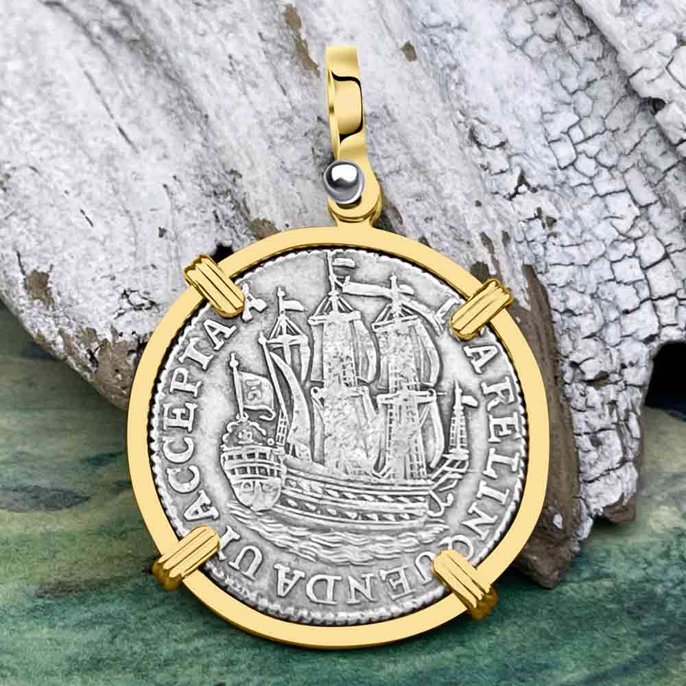 Dutch East India Company 1780 Silver 6 Stuiver Ship Shilling &quot;I Struggle and Survive&quot; 14K Gold Pendant