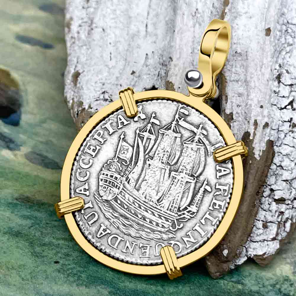 Dutch East India Company 1780 Silver 6 Stuiver Ship Shilling &quot;I Struggle and Survive&quot; 14K Gold Pendant