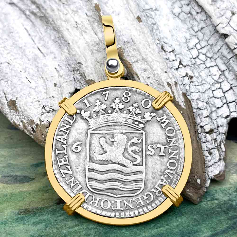 Dutch East India Company 1780 Silver 6 Stuiver Ship Shilling &quot;I Struggle and Survive&quot; 14K Gold Pendant