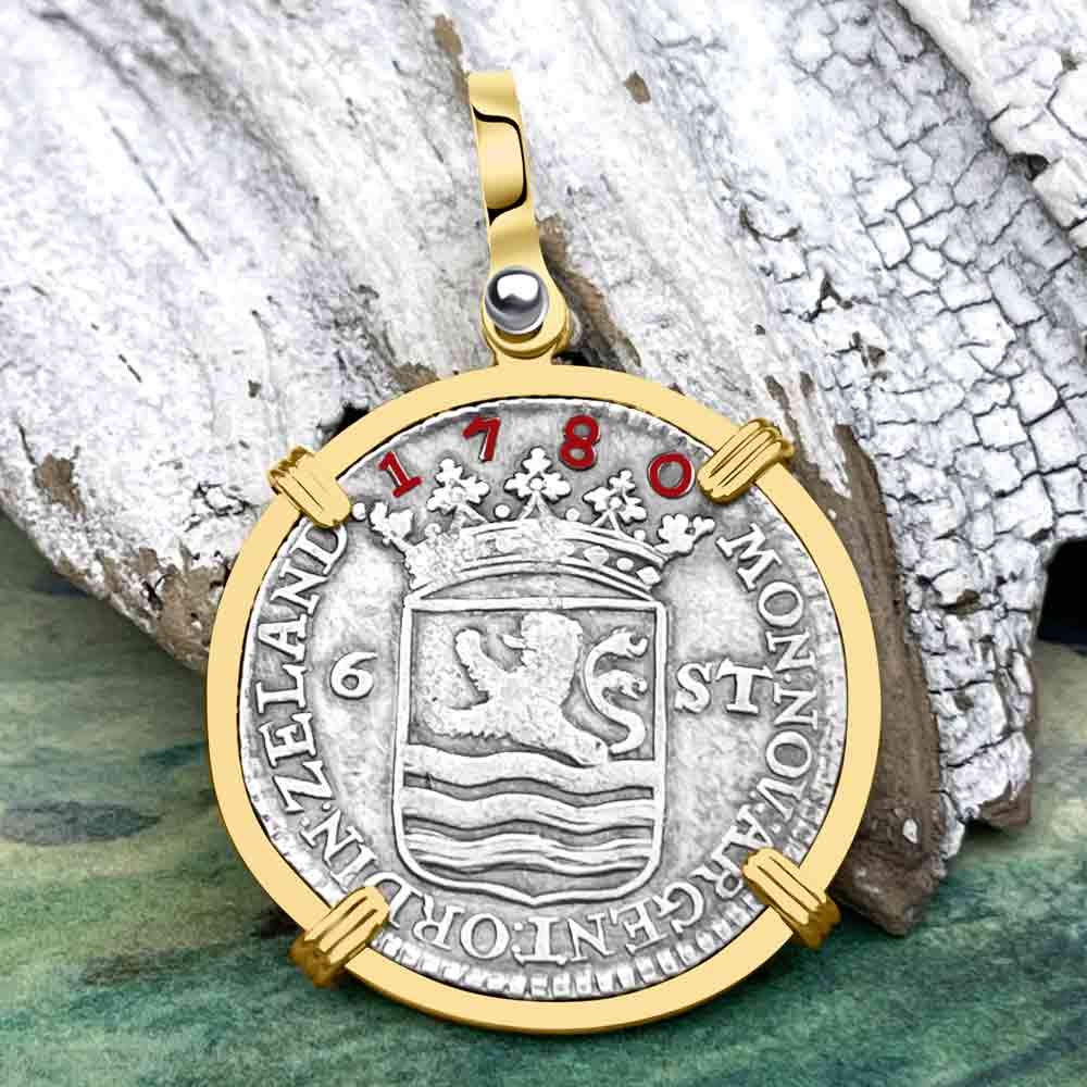 Dutch East India Company 1780 Silver 6 Stuiver Ship Shilling &quot;I Struggle and Survive&quot; 14K Gold Pendant