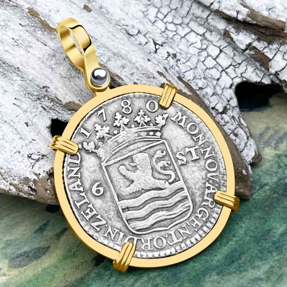 Dutch East India Company 1780 Silver 6 Stuiver Ship Shilling &quot;I Struggle and Survive&quot; 14K Gold Pendant