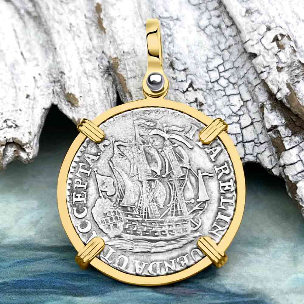 Dutch East India Company 1791 Silver 6 Stuiver Ship Shilling &quot;I Struggle and Survive&quot; 14K Gold Pendant