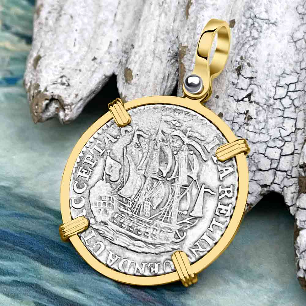 Dutch East India Company 1791 Silver 6 Stuiver Ship Shilling &quot;I Struggle and Survive&quot; 14K Gold Pendant