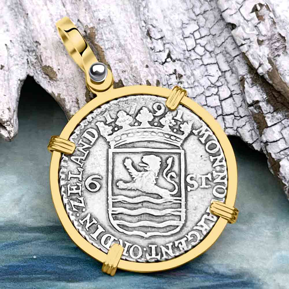 Dutch East India Company 1791 Silver 6 Stuiver Ship Shilling &quot;I Struggle and Survive&quot; 14K Gold Pendant