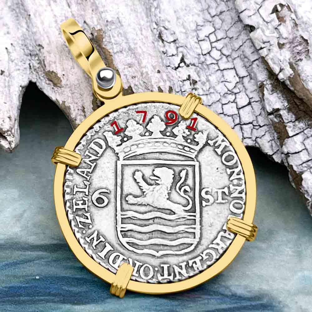 Dutch East India Company 1791 Silver 6 Stuiver Ship Shilling &quot;I Struggle and Survive&quot; 14K Gold Pendant