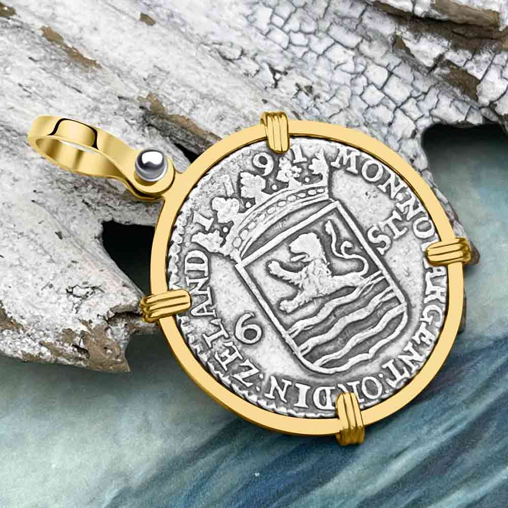 Dutch East India Company 1791 Silver 6 Stuiver Ship Shilling &quot;I Struggle and Survive&quot; 14K Gold Pendant