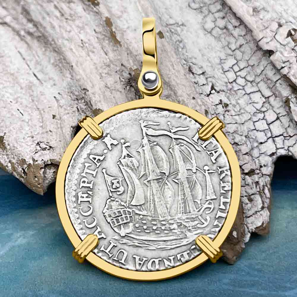 Dutch East India Company 1791 Silver 6 Stuiver Ship Shilling &quot;I Struggle and Survive&quot; 14K Gold Pendant