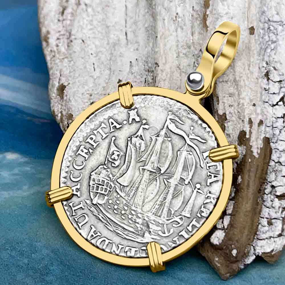 Dutch East India Company 1791 Silver 6 Stuiver Ship Shilling &quot;I Struggle and Survive&quot; 14K Gold Pendant