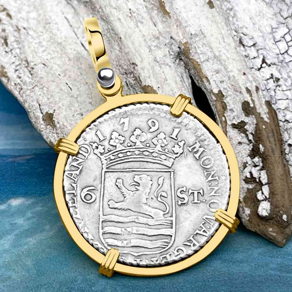 Dutch East India Company 1791 Silver 6 Stuiver Ship Shilling &quot;I Struggle and Survive&quot; 14K Gold Pendant