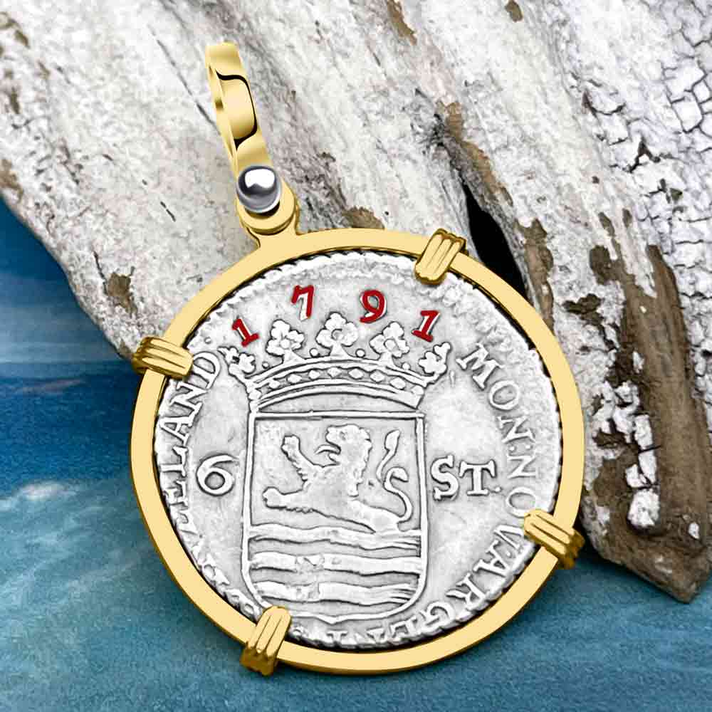 Dutch East India Company 1791 Silver 6 Stuiver Ship Shilling &quot;I Struggle and Survive&quot; 14K Gold Pendant