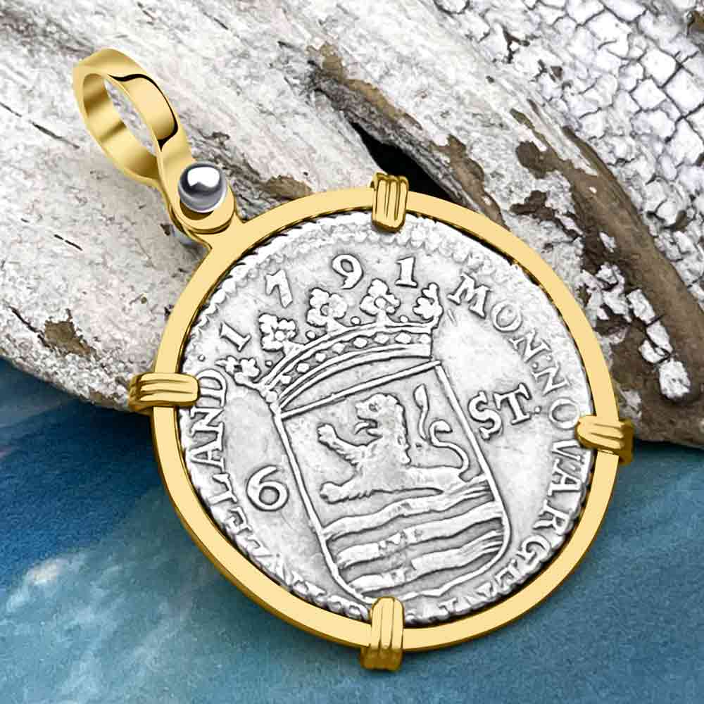 Dutch East India Company 1791 Silver 6 Stuiver Ship Shilling &quot;I Struggle and Survive&quot; 14K Gold Pendant