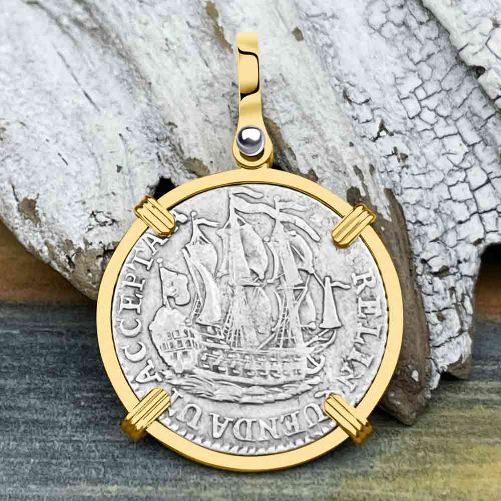 Dutch East India Company 1791 Silver 6 Stuiver Ship Shilling &quot;I Struggle and Survive&quot; 14K Gold Pendant