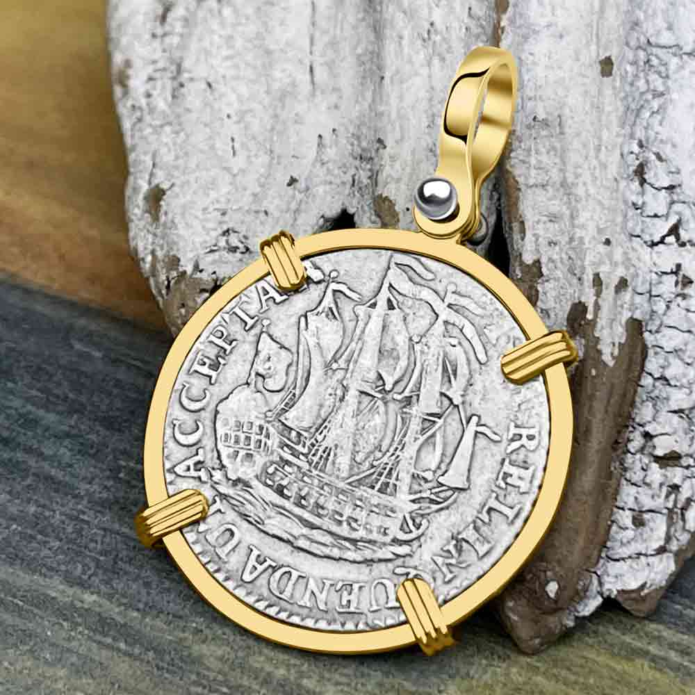 Dutch East India Company 1791 Silver 6 Stuiver Ship Shilling &quot;I Struggle and Survive&quot; 14K Gold Pendant