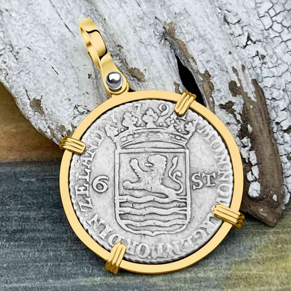 Dutch East India Company 1791 Silver 6 Stuiver Ship Shilling &quot;I Struggle and Survive&quot; 14K Gold Pendant