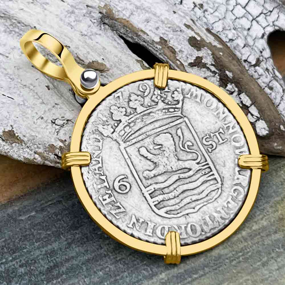 Dutch East India Company 1791 Silver 6 Stuiver Ship Shilling &quot;I Struggle and Survive&quot; 14K Gold Pendant