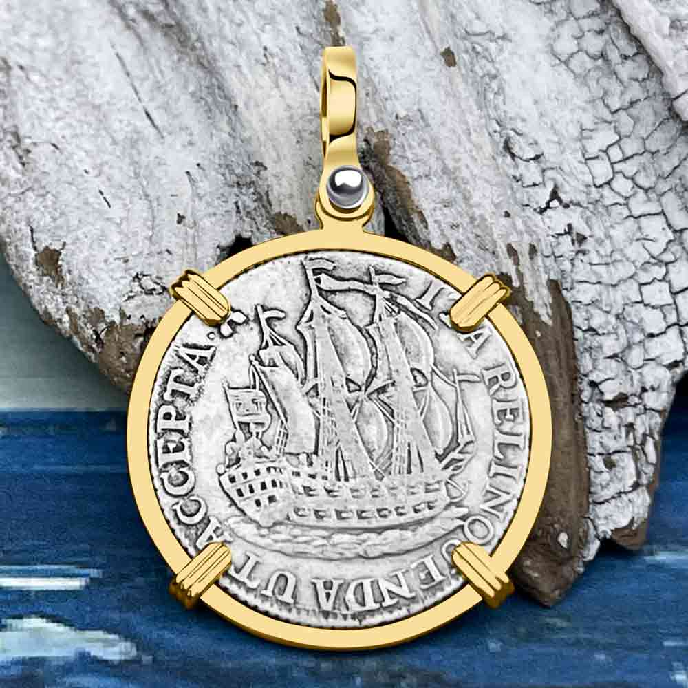 Dutch East India Company 1774 Silver 6 Stuiver Ship Shilling &quot;I Struggle and Survive&quot; 14K Gold Pendant