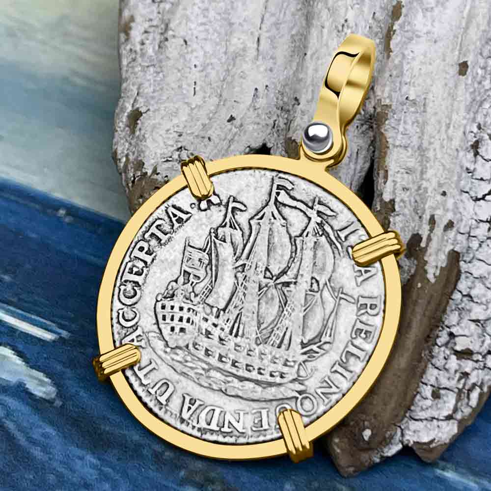 Dutch East India Company 1774 Silver 6 Stuiver Ship Shilling &quot;I Struggle and Survive&quot; 14K Gold Pendant