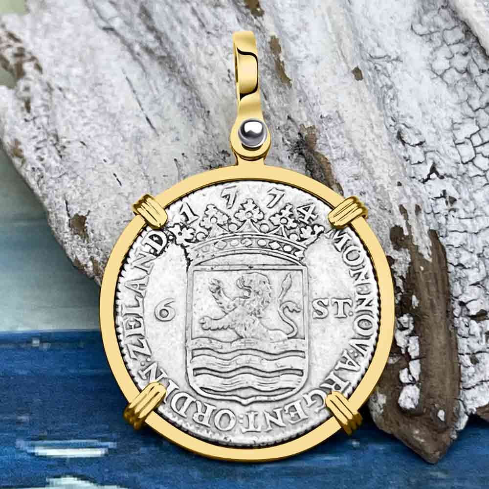 Dutch East India Company 1774 Silver 6 Stuiver Ship Shilling &quot;I Struggle and Survive&quot; 14K Gold Pendant