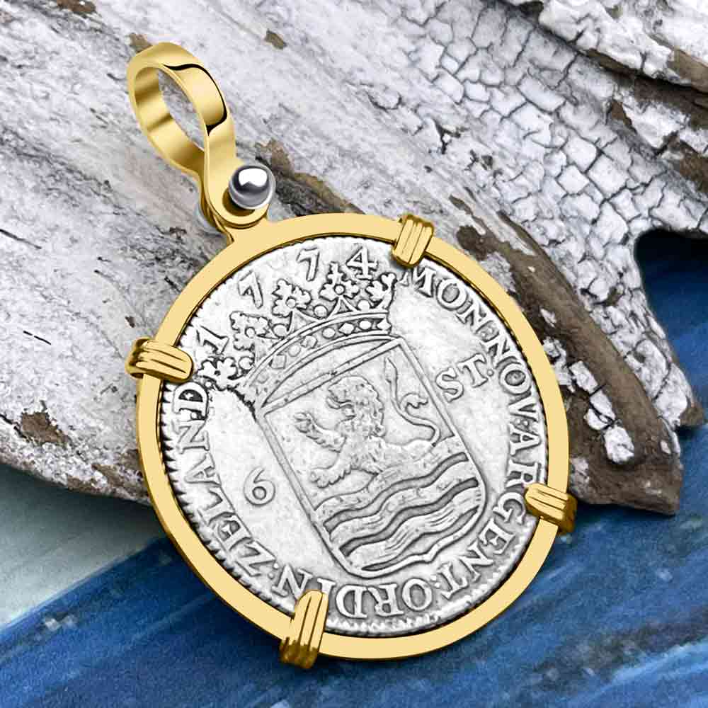 Dutch East India Company 1774 Silver 6 Stuiver Ship Shilling &quot;I Struggle and Survive&quot; 14K Gold Pendant