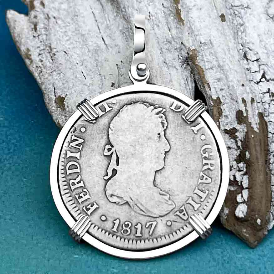 Silver 2 Reale Spanish Portrait Dollar Dated 1817 - Legendary Pirate Era &quot;Piece of 8&quot; Sterling Silver Pendant