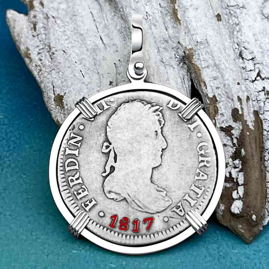 Silver 2 Reale Spanish Portrait Dollar Dated 1817 - Legendary Pirate Era &quot;Piece of 8&quot; Sterling Silver Pendant