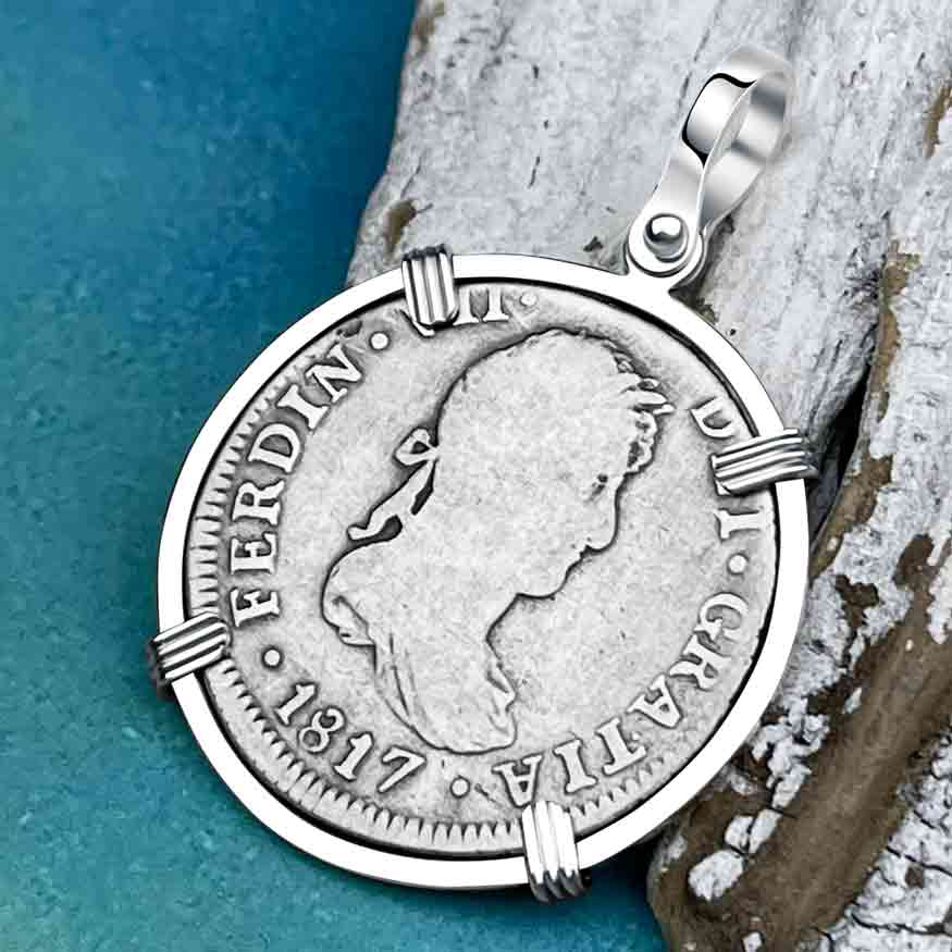 Silver 2 Reale Spanish Portrait Dollar Dated 1817 - Legendary Pirate Era &quot;Piece of 8&quot; Sterling Silver Pendant