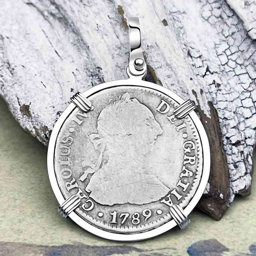 Silver 2 Reale Spanish Portrait Dollar Dated 1789 - Legendary Pirate Era &quot;Piece of 8&quot; Sterling Silver Pendant