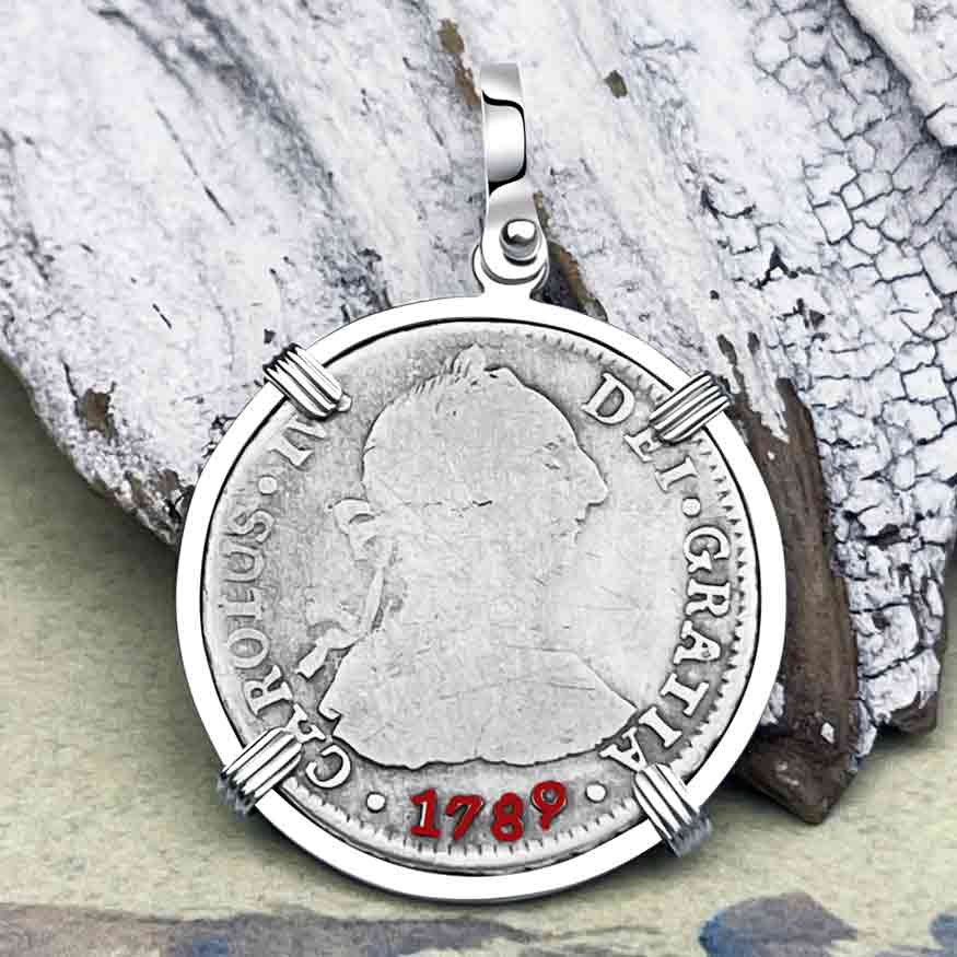 Silver 2 Reale Spanish Portrait Dollar Dated 1789 - Legendary Pirate Era &quot;Piece of 8&quot; Sterling Silver Pendant