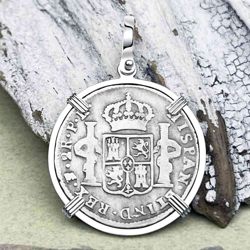 Silver 2 Reale Spanish Portrait Dollar Dated 1789 - Legendary Pirate Era &quot;Piece of 8&quot; Sterling Silver Pendant