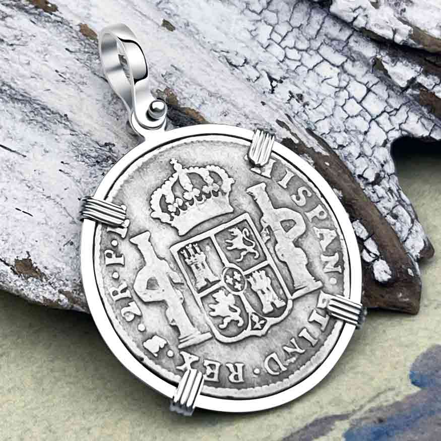 Silver 2 Reale Spanish Portrait Dollar Dated 1789 - Legendary Pirate Era &quot;Piece of 8&quot; Sterling Silver Pendant