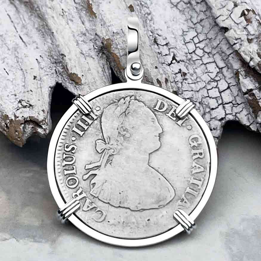 Silver 2 Reale Spanish Portrait Dollar Dated 1807 - Legendary Pirate Era &quot;Piece of 8&quot; Sterling Silver Pendant