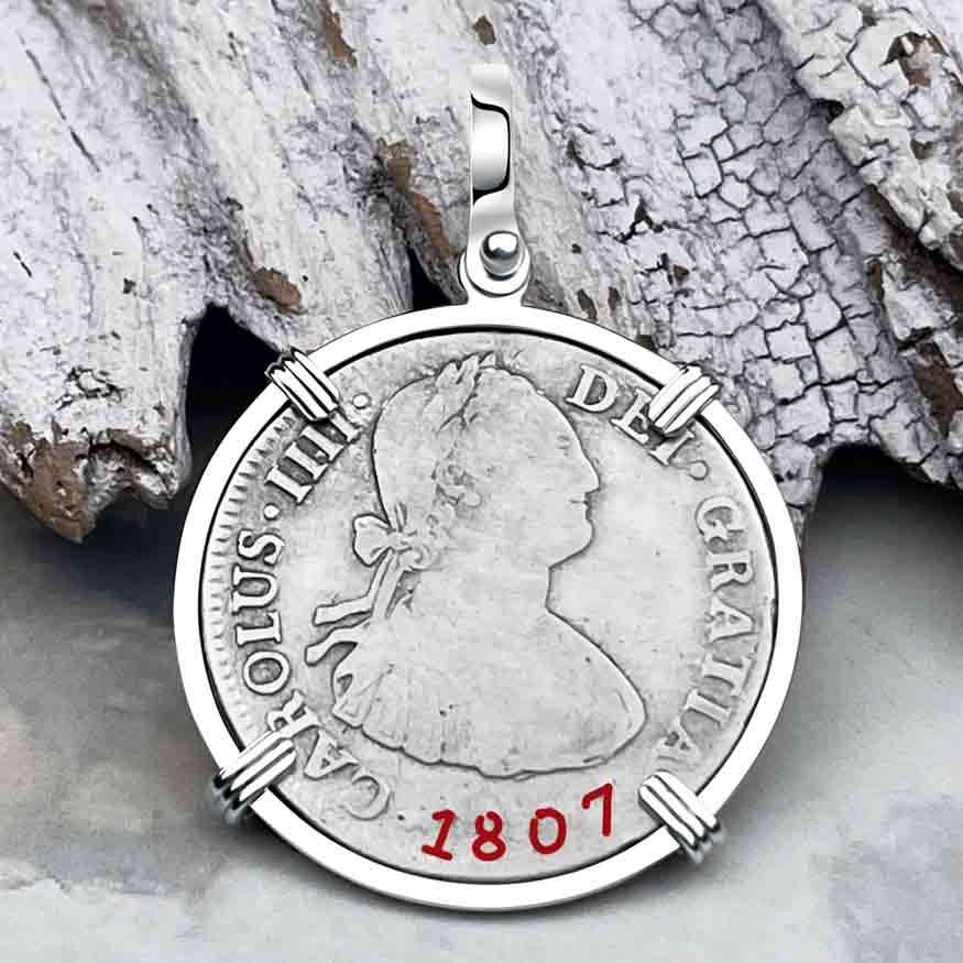 Silver 2 Reale Spanish Portrait Dollar Dated 1807 - Legendary Pirate Era &quot;Piece of 8&quot; Sterling Silver Pendant