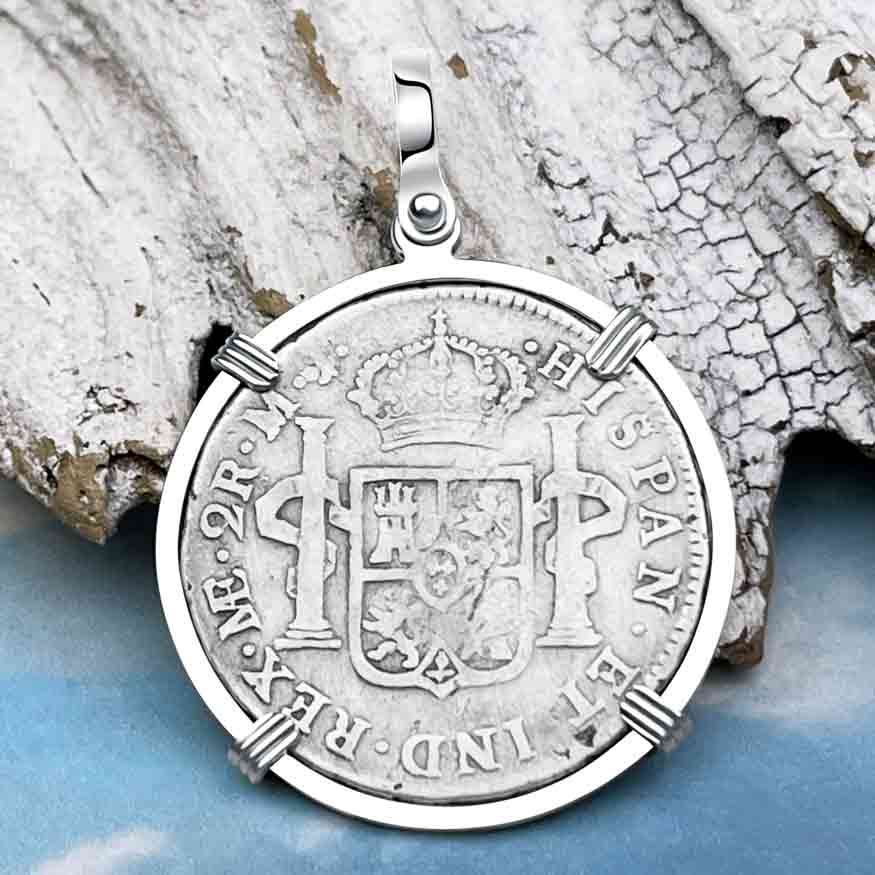 Silver 2 Reale Spanish Portrait Dollar Dated 1777 - Legendary Pirate Era &quot;Piece of 8&quot; Sterling Silver Pendant