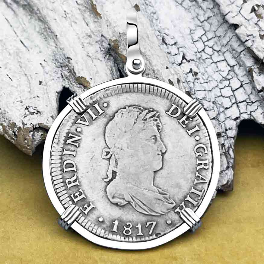 Silver 2 Reale Spanish Portrait Dollar Dated 1817 - Legendary Pirate Era &quot;Piece of 8&quot; Sterling Silver Pendant