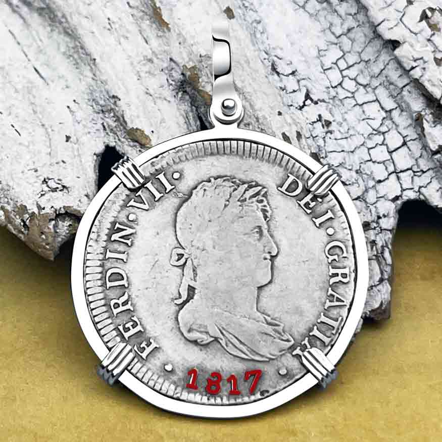 Silver 2 Reale Spanish Portrait Dollar Dated 1817 - Legendary Pirate Era &quot;Piece of 8&quot; Sterling Silver Pendant